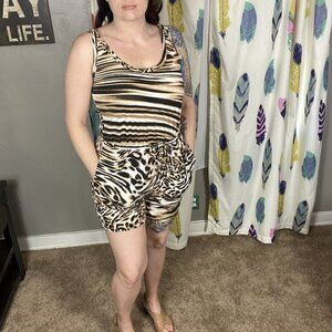 Beach Break mixed animal print romper. Leopard, cheetah, tiger. Sleeveless Sz M